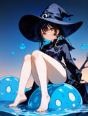 (score_9,score_8_up,score_7_up),witch_hat,gradient,gradient_background,hat,1girl,ball,black_dress,slime_\(creature\),black_headwear,witch,solo,long_sleeves,bangs,dress,barefoot,water,
