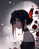 (score_9,score_8_up,score_7_up),year 2023,1girl,solo,red and black theme,strong picture,dark,upper body,side_face,sad,parted_lips,looking back,floating hair,black dress,bare shoulders,{{{delicate and beautiful eye}}},gothic_lolita,black rose,thistles and thorns,flora,fog,red butterfly,underlighting,bokeh,blurry background,strong visual impact,film lighting,from side,