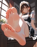 (score_9,score_8_up,score_7_up,),1girl,solo,maid,maid headdress,looking at viewer,apron,brown hair,indoors,black hair,bare foot,feet focus,two feet,