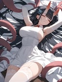 (score_9,score_8_up,score_7_up),1girl, dress, breasts, white dress, thighhighs, black hair, long hair, closed eyes, solo, horns, hair ornament, sleeveless, white thighhighs, sleeveless dress, on back, lying, oni horns, tentacles, armpits, gloves, large breasts, elbow gloves, bangs, garter straps, parted lips, restrained, white gloves, arms up, very long hair, bare shoulders, official alternate costume, hairclip, lace-trimmed legwear, blunt bangs