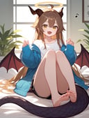 (score_9,score_8_up,score_7_up),1girl,horns,solo,feet,barefoot,long hair,toes,wings,shorts,brown hair,soles,looking at viewer,smile,yellow eyes,indoors,tail,bare legs,dragon girl,dragon horns,bangs,blush,:d,short shorts,sitting,long sleeves,ahoge,white shirt,shirt,open mouth,black shorts,on bed,dragon tail,jacket,musical note,halo,legs,knees up,very long hair,fang,full body,thighs,hands up,off shoulder,foot focus,demon horns,blue jacket,window,open jacket,bed sheet,plant,