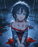(score_9,score_8_up,score_7_up),cinematic lighting, dark, chiaroscuro, night, rain, (high contrast), Break, (1girl), messy hair, blue eyes, dread, (broken), sad, depressed, (dirty and damaged kimono), depressing, medium hair, (from above:1.2), (red choker, red strings), monochrome:.5, vibrant color, parted lips, red lipstick, blush, kneeling in puddle, nipple