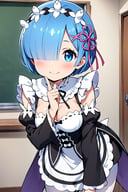 ((masterpiece,best quality)), highres, cute, eyelashes, upper body, smile, leaning forward, finger on lips, rem (re:zero), 1girl, solo, breasts, looking at viewer, blush, smile, short hair, bangs, blue eyes, large breasts, hair ornament, long sleeves, dress, ribbon, cleavage, medium breasts, closed mouth, blue hair, hair ribbon, pantyhose, cowboy shot, frills, detached sleeves, indoors, hair over one eye, apron, maid, maid headdress, black ribbon, x hair ornament, waist apron, white apron, white pantyhose, pink ribbon, chalkboard, roswaal mansion maid uniform
