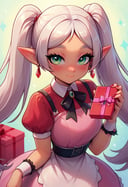 score_9, score_8_up, score_8, cute, eyelashes,  long hair, white hair, twintails, pointy ears, earrings, green eyes, thick eyebrows, smile, blush, nereirfpnxl, blush, box, closed mouth, dress, earrings, eyelashes, game freak, gift, gift box, holding, holding gift, jewelry, looking at viewer, nail polish, nintendo, pink dress, red shirt, shirt, short sleeves, waist apron, wrist cuffs