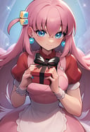 score_9, score_8_up, score_8, medium breasts, cute, eyelashes,  smile, looking at viewer, gotou hitori, solo, bangs, hair between eyes, bocchi the rock!. pink hair, blush, box, closed mouth, commentary request, creatures (company), dress, earrings, eyelashes, game freak, gift, gift box, holding, holding gift, jewelry, looking at viewer, nail polish, nintendo, pink dress, red shirt, shirt, short sleeves, waist apron, wrist cuffs