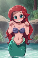 <lora:Zankuro_Style_Pony:0.8>,  ((masterpiece,best quality)), absurdres, solo,   ArielWaifu swimming on the sea next to a big rock, leaning forward, cute pose, medium breasts, narrow waist, wide hips, thick thighs, smile, blue eyes, shell bikini, red long hair, disney style, looking at viewer, cute, cowboy shot, cartoon, 4k, masterpiece, mermaid, mermaid tail, monster girl, <lora:ArielPonyXL_character:0.7>,  curvy,  partially submerged, blushing,