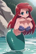 <lora:Zankuro_Style_Pony:0.8>,  ((masterpiece,best quality)), absurdres, solo,   ArielWaifu swimming on the sea next to a big rock, leaning forward, cute pose, medium breasts, narrow waist, wide hips, thick thighs, smile, blue eyes, shell bikini, red long hair, disney style, looking at viewer, cute, cowboy shot, cartoon, 4k, masterpiece, mermaid, mermaid tail, monster girl, <lora:ArielPonyXL_character:0.7>,  curvy,  partially submerged, blushing, big breasts,