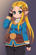 <lora:Zankuro_Style_Pony:0.8>,  ((masterpiece,best quality)), absurdres, solo,  princess zelda, long hair, crown braid, hairclip, pointy ears, blue shirt, long sleeves, fingerless gloves, black gloves, black pants, tight pants, smile,