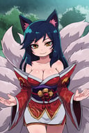 <lora:Zankuro_Style_Pony:0.8>, ((masterpiece,best quality)), absurdres,   ahri (league_of_legends), facial mark, multiple tails, fox tails, korean clothes, cleavage, bare shoulders, detached sleeves, outdoors, standing, cowboy shot, smile,
