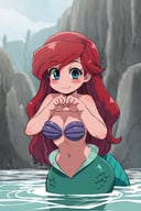 <lora:Zankuro_Style_Pony:0.8>,  ((masterpiece,best quality)), absurdres, solo,   ArielWaifu swimming on the sea next to a big rock, leaning forward, cute pose, medium breasts, narrow waist, wide hips, thick thighs, smile, blue eyes, shell bikini, red long hair, disney style, looking at viewer, cute, cowboy shot, cartoon, 4k, masterpiece, mermaid, mermaid tail, monster girl, <lora:ArielPonyXL_character:0.7>,  curvy,  partially submerged, blushing,