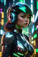 (ultra detailed, hyper-realism), a digital artwork featuring a girl adorned in an elegant black and silver cyborg armor with intricate mechanical parts and a futuristic helmet donning a massive holographic visor. Her eyes glow with a mesmerizing green hue, adding to the futuristic allure of the scene. The sci-fi armor, meticulously detailed with carbon textures, exudes a sense of technological sophistication reminiscent of cyberpunk classics like "Ghost in the Shell" and "Deus Ex". Captured in a full-body shot, the girl strikes an action pose, radiating strength and determination. The artwork boasts ultra-sharp focus, perfect contrast, and high sharpness, creating a visually stunning composition that commands attention. With global illumination and smooth rendering, every detail of the scene is brought to life in ultra-high definition, perfect for display in 8K resolution. Created using Unreal Engine 5, this masterpiece of digital art showcases the pinnacle of realism and creativity, destined to trend on platforms like ArtStation.