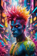 (best quality, 8K, highres, masterpiece), ultra-detailed, (photorealistic, cinematic), illustration painting of a luminous and enchanting bad guy undead/human-like creature with vibrant and dynamic anime-style colors. The creature, with dark, colorful hair, strikes a dynamic pose in a brilliantly lit fantasy realm environment filled with a kaleidoscope of colors. The mid-shot composition and rule of thirds depth of field emphasize intricate details, creating a fantastical realm that bursts with subtle and vibrant colors. The use of light particles enhances the scene's grandeur and awe, making it a stunning visual masterpiece in a double-exposure style. The strong outlines contribute to the scene's cinematic feel, creating a super colorful and visually captivating narrative
