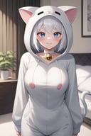 score_9, score_8_up, score_7_up, Expressiveh, bedroom, 1girl, solo, 18 year old, cute face, cute smile, thick black eyelashes, (short white hair), beautiful bright blue eyes, (((white cat onesie))), cat design onesie, blushing, parted lips, large breasts, white choker with bell, white cat ears, arched back, cowboy shot