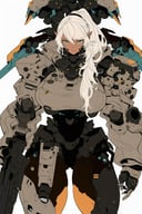masterpiece, best quality, aesthetic,cyborg, 1girl, solo, sketch, weapon, flat color, dark-skinned female, ponytail, white background, gun, long hair, looking at viewer, dark skin, white hair, simple background, blue eyes, holding, cowboy shot, holding weapon, jacket, closed mouth, rifle, bangs, holding gun, standing, white jacket, expressionless, single mechanical arm
