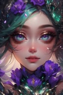 1 girl, portrait, close-up portrait, charming illustration depicting a delicate, airy young woman with a dark tan on her skin. A magical creature. Her outfit is the epitome of nature: the petals of purple roses form an intricate outfit that seems to embody the elements themselves. The iris of her large round eyes is the color of an emerald stone with sparks and bubbles that create an inner radiance that attracts the viewer. These uniquely painted eyes have a large pupil and a mesmerizing iris., K-Eyes