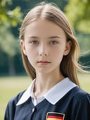 a half-body portrait photo of a German fashion model, (age 12-15:2), (dynamic pose:1.3), upper body, close up, gorgeous face, highly detailed face, smooth soft skin, looking at viewer, (from side:0.9), make up, (pubescent girl, short girl, slender girl, very thin:1.2), (summer school uniform:1.1), (outdoors, in deserted park, in the morning, dark background:1.4)