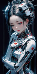 score_9, score_8_up, score_7_up, score_6_up, score_5_up,
(Full body shot), A sorrowful android geisha, tears streaming down her porcelain cheeks, her mechanical heart breaking in silent agony. This evocative image depicts a painted portrait, capturing every intricate detail of her artificial anguish. Delicate wires peek through her synthetic skin, her eyes shimmering with programmed emotion, conveying a profound sense of longing and loss. The artist's skill is evident in the lifelike depiction, highlighting the juxtaposition of her robotic nature and deep human sorrow.