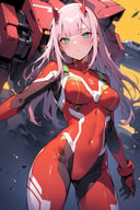 masterpiece, best quality, absurdres, 1girl, solo, mecha, zero_two, battle_suit, looking at viewer, intricate details, illustration, subsurface scattering, vibrant colours 