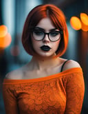professional portrait, goth girl, velma from scooby-doo, a girl wearing eye glasses and an orange top, gorgeous figure, interesting shapes, hyper realistic, ultra detailed photograph, wearing an off shoulder slim sweter, detailed gorgeous face, natural body posture, captured with a 85mm lens, bokeh, ultra detailed, ultra accurate detailed, bokeh lighting, surrealism, urban settin, ultra unreal engine, intricate, epic, freckles, goth style mood, dark eye makeup, in the style of jessica drossin, dima dmitriev, life-size figures,