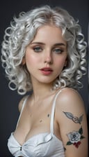 White hair, silver eyes, sexy tattoed woman with wavy shoulder-length white curly hair, gorgeous appearance, breast, simple background, portrait, high definition, high resolution, realistic, masterpiece, full body, digital art techniques, perfect details