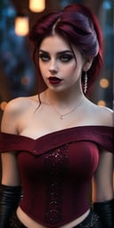 professional portrait, goth girl, Megara from Hercules, a girl wearing an dark red top, gorgeous figure, interesting shapes, hyper realistic, ultra detailed photograph, wearing an off shoulder slim sweter, detailed gorgeous face, natural body posture, captured with a 85mm lens, bokeh, ultra detailed, ultra accurate detailed, bokeh lighting, surrealism, urban settin, ultra unreal engine, intricate, epic, freckles, goth style mood, dark eye makeup, life-size figures,