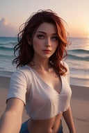score_9, score_8_up, score_7_up,rating_safe, source_3d, 1girl,a woman takes a fisheye selfie on a beach at sunset, the wind blowing through her messy hair. The sea stretches out behind her, creating a stunning aesthetic and atmosphere with a rating of 1.2.,xxmix girl woman