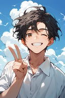 score_9,score_8_up,score_7_up, looking at viewer,smile,short hair,shirt,black hair,1boy,brown eyes,closed mouth,white shirt,upper body,male focus,outdoors,one eye closed,sky,day,collared shirt,cloud,hand up,blue sky,v,cloudy sky