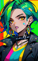 score_9,score_8_up,score_7_up,1girl,looking at viewer,brown eyes,jewelry,blue hair,jacket,yellow eyes,upper body,multicolored hair,earrings,parted lips,green hair,open clothes,necklace,mole,collar,open jacket,lips,black jacket,tattoo,piercing,ear piercing,bandaid,spikes,bandaid on face,tube top,spiked collar,multicolored background,lip piercing,eyebrow piercing,spiked choker