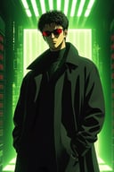 niji,1boy,solo, looking at viewer, black hair, red eyes, 1boy, closed mouth, standing, male focus, coat, glowing, sunglasses, glowing eyes, black coat, hands in pockets, green theme,matrix,keenu reeves,the matrix