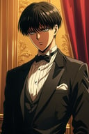 n1ji,party theme,solo, looking at viewer, short hair, bangs, shirt, black hair, gloves, 1boy, bow, white shirt, upper body, male focus, indoors, bowtie, black eyes, black bow, formal, suit, black bowtie, traditional bowtie, curtained hair, levi \(shingeki no kyojin\)