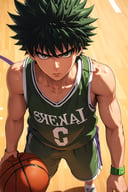 nij,sports theme,solo, looking at viewer, black hair, 1boy, closed mouth, collarbone, male focus, sweat, shorts, indoors, parted bangs, from above, spiked hair, wristband, sportswear, green shorts, basketball, basketball uniform,