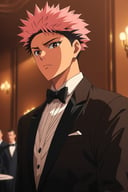 niji,party theme,solo, looking at viewer, short hair, shirt, black hair, long sleeves, 1boy, bow, brown eyes, closed mouth, jacket, white shirt, upper body, pink hair, male focus, solo focus, indoors, bowtie,  black jacket, black bow, formal, suit, spiked hair, black bowtie, undercut, traditional bowtie, black suit, itadori yuuji