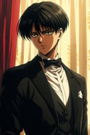 niji,party theme,solo, looking at viewer, short hair, bangs, shirt, black hair, gloves, 1boy, bow, white shirt, upper body, male focus, indoors, bowtie, black eyes, black bow, formal, suit, black bowtie, traditional bowtie, curtained hair, levi \(shingeki no kyojin\)