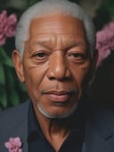 a close-up of a gorgeous beautiful bombastic Morgan Freeman  in an image filled with deep darks in the style of an analog film grain, hdr, extremely detailed, 8k, 35mm photograph, background with flowers, amazing natural lighting, brilliant composition,<lora:659095807385103906:1.0>