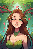 score_9, score_8_up, score_7_up, 1 girl, long hair, brown hair, tilted angle, hearts, female focus, antlers, dryad, nature,  concept art, green eyes   , expressiveH 