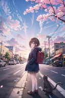 (masterpiece), 1girl, outdoors, road, (cat:1.2), crosswalk, sign, bag, sky, backpack, brown hair, street, road sign, cloud, traffic light, skirt, solo, scenery, power lines, hood, short hair, shoes, cherry blossoms, looking at viewer, building, sunlight, blue sky, utility pole, coat, standing, brown footwear, long sleeves, wide shot, day, socks, city, cloudy sky, sunset