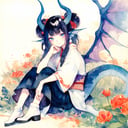 watercolor (medium), 1girl, solo, flower, blue eyes, black hair, long hair, sitting, smile, looking at viewer, long sleeves, pants, very long hair, braid, hair bun, red flower, horns, double bun, bug, painting (medium), full body, white background, blush, bangs, closed mouth, eyeshadow, coral, hair ornament, twintails, sash, makeup, shoes, tail, head rest, dragon girl, wide sleeves, signature, knees up, dragon tail, dragon, hand up, dragon horns, butterfly, shirt, antennae, black pants, white footwear, twin braids, head fins, spider lily, hand on own face, pink flower, white flower, white shirt, japanese clothes, wings, hand on own chin, boots,  
masterpiece, best quality, very aesthetic , traditional media,  watercolor \(medium\),