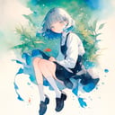 1girl, solo, fish, dress, shirt, short hair, shoes, white shirt, blush, black dress, black footwear, long sleeves, collared shirt, blue eyes, plant, leaf, bubble, full body, half-closed eyes, white background, looking at viewer, painting (medium), bangs, black hair, loafers, pinafore dress, grey hair, simple background, blue hair, skirt, underwater, animal, surreal, medium hair, goldfish, air bubble, parted lips, aqua eyes, socks,  
masterpiece, best quality, very aesthetic , traditional media,  watercolor \(medium\),