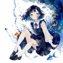 1girl, solo, fish, dress, shirt, short hair, shoes, white shirt, blush, black dress, black footwear, long sleeves, collared shirt, blue eyes, plant, leaf, bubble, full body, half-closed eyes, white background, looking at viewer, painting (medium), bangs, black hair, loafers, pinafore dress, grey hair, simple background, blue hair, skirt, underwater, animal, surreal, medium hair, goldfish, air bubble, parted lips, aqua eyes, socks,  
masterpiece, best quality, very aesthetic , traditional media,  watercolor \(medium\),