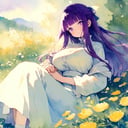 1girl, fern \(sousou no frieren\),sousou no frieren, casual fashion, flowers, sitting,
masterpiece, best quality, very aesthetic , traditional media,  watercolor \(medium\),