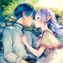 1boy, 1girl, frieren \(sousou no frieren\), himmel (sousou no frieren) ,couple, casual fashion, flowers, lying,  pointy ears girl,stare at each other, face-to-face,
masterpiece, best quality, very aesthetic , traditional media,  watercolor \(medium\),