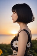 1girl, solo, short hair, black hair, dress, flower, profile, sunset