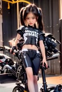 (((Dang))),(((10yo))),(ultimate shadow warrior armor),Kawasaki Motorcycle (long hair),1girl, solo, brown hair, black hair, navel, jewelry,  earrings, black eyes,, lips, loli,petite, realistic,infantilism,slim, model,mecha girl