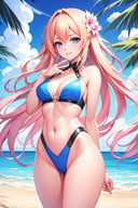 Pretty and beautiful girl. She wears a very fancy two-piece suimsuit. She is a very badass. Hyperdetailing masterpiece, hyperdetailing skin, masterpiece quality, with 4k resolution. Tender gaze. Long hair, blonde hair with pink tips. Beautiful eyes. She is smiling. Beach in background. beautiful and shiny skin, beautiful and detailed eyes, beautiful and detailed outfit. Detailed hands. Beautiful adbomen. proportional body.,Colors