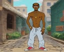 score_9, score_8_up, score_7_up, score_6_up, score_5_up, score_4_up, source_cartoon, indoors, 2D, flat shading, flat color, jaggy lines, solo, street, outdoors, dark skin, human, 1boy, (gangster:1.2), sagging pants, topless male, slim, gold necklace, gold chain,  <lora:cdi_pdxl_:1> 
