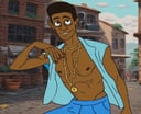 score_9, score_8_up, score_7_up, score_6_up, score_5_up, score_4_up, source_cartoon, indoors, 2D, flat shading, flat color, jaggy lines, solo, street, outdoors, dark skin, human, 1boy, (gangster:1.2), sagging pants, topless male, slim, gold necklace, gold chain,  <lora:cdi_pdxl_:1> 