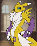 score_9, score_8_up, score_7_up, score_6_up, score_5_up, score_4_up, source_pony, indoors, 2D, flat shading, flat color, jaggy lines, solo, canid, canine, digimon \(species\), mammal, renamon, blue eyes, clothing, female, fur, genitals, gloves, handwear, looking at viewer, nude, on model, solo, tuft, white body, white fur, yellow body, yellow fur, yin yang <lora:cdi_pdxl_:1> 