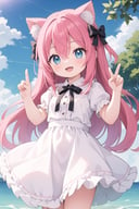 1girl, solo, long hair, looking at viewer, blush, smile, open mouth, bangs, aqua eyes, red hair, dress, bow, holding, hair between eyes, very long hair, short sleeves, :d, hair bow, outdoors, frills, sky, day, puffy sleeves, cloud, water, white dress, tree, blue sky, puffy short sleeves, black bow, cute fangs, cat ears, frilled dress, v sign