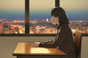1girl,Study room at night, sitting in front of the desk, warm light, the night view of the city outside the window,YunQiuStyleColor,lineart