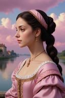 hyper-detailed,  photorealistic,  ultra photoreal,  cinematic shading
Renaissance style. Photographic detailed.
Alike a 16th century style oil painting portrait of Lady Denisa. She is looking away with profile face. Her look is ogle. She is blackhaired woman.
Background pink sky with white partly clouds and river.
16th century costumes.
Accurate anatomy.
Make the design photographic and with ultra realistic details., realistic, photorealistic, character, cinematic moviemaker style,photorealistic,FilmGirl,realistic,renaissance,3va,oil painting,<lora:659095807385103906:1.0>